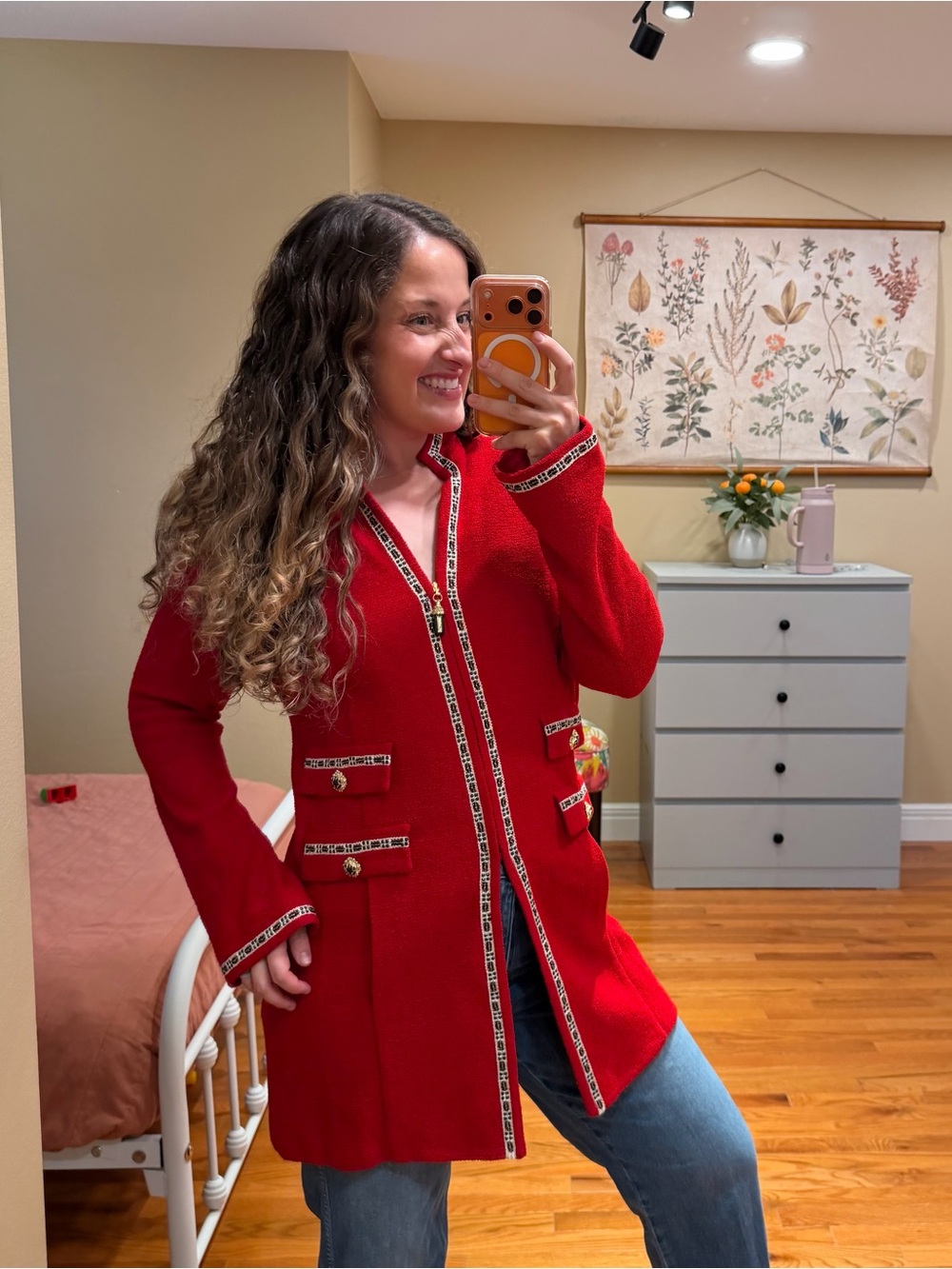St. John Vintage Red Knit Long Blazer with Contrast Trim 12 - Picture 4 of 16